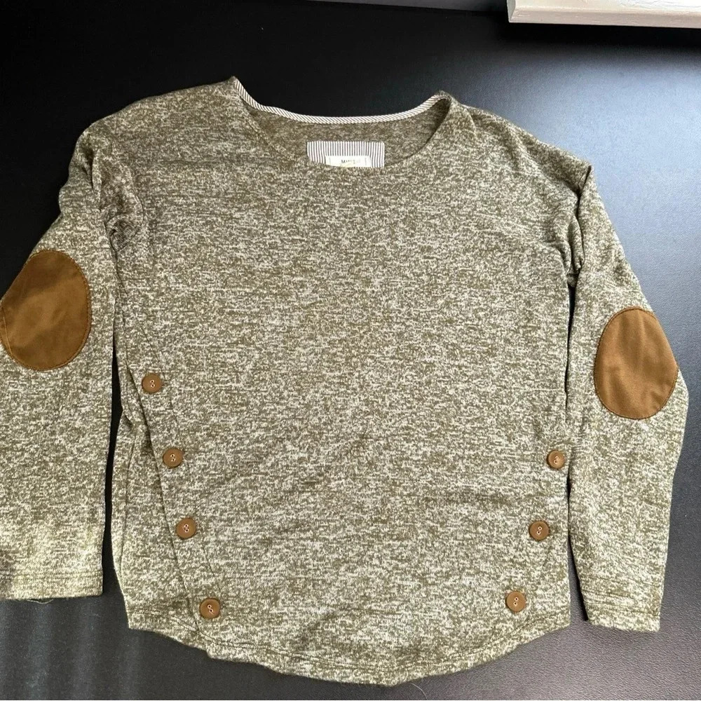 Women's Small Green Pullover Top Elbow Patches‎ Buttons Preppy Academia Stretch